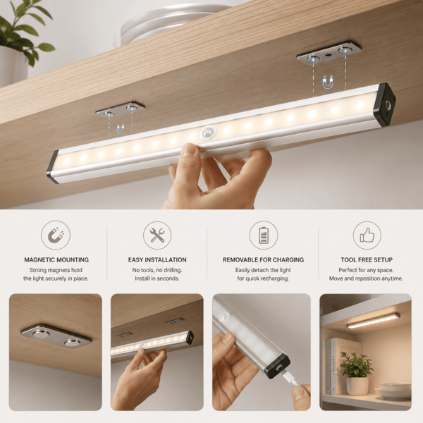 Trådlös LED-lampa med Rörelsesensor 21 cm – Dimbar & Uppladdning Varmvit  4-Pack – Bäst värde