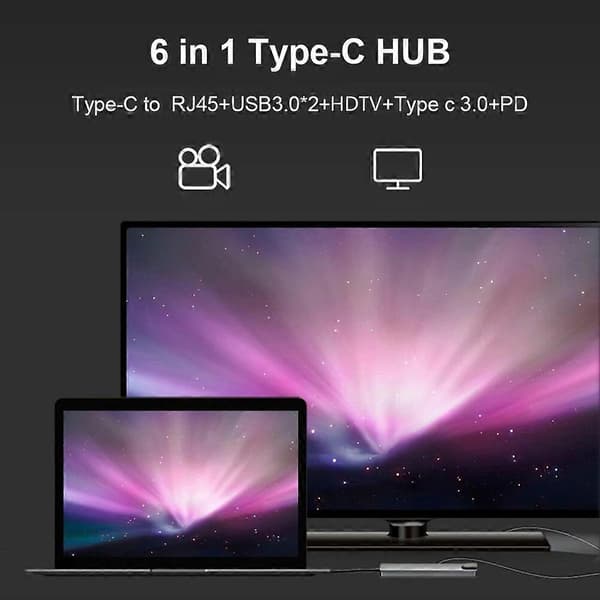 6 i 1 USB C HUB Docking 2 USB 3.0 4K HDMI-kompatibel Type C RJ45 100W PD Ladeadapter Notebook Smartphone Utvidelse