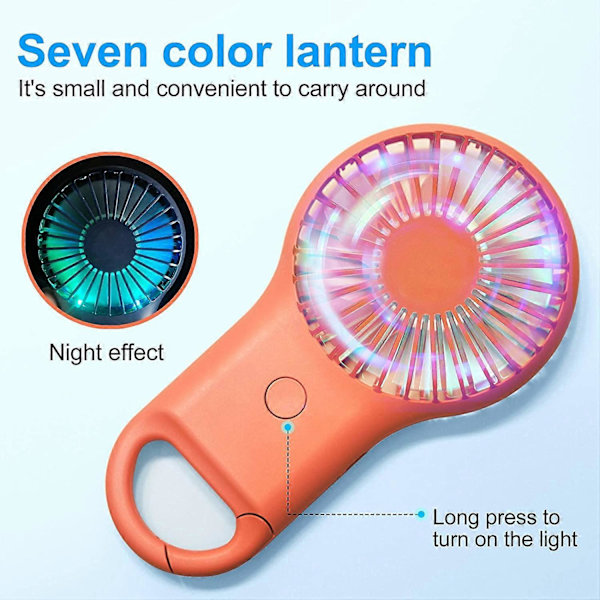 Super Mini -tuuletin, kannettava ja kannettava USB-ladattava tuuletin koukulla, pieni ja hiljainen, kaunis led-valo, 3 säädettävää nopeutta (oranssi)