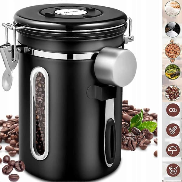 Hermetisk kaffekrukke, kaffebeholder 1,8 l rustfrit stål matsort black