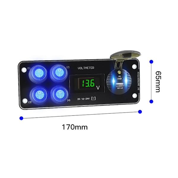 Autolaturi 36W Vedenpitävä 4-osainen kytkinpaneeli veneisiin, asuntovaunuihin, punainen valo Green Light 170mmx65mm