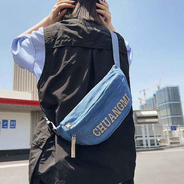 Naisten vyölaukku miesten farkkukangas rintalaukku muoti kirjain vyölaukku suuri kapasiteetti crossbody laukku rento vyölaukku vaaleansininen Deep Blue