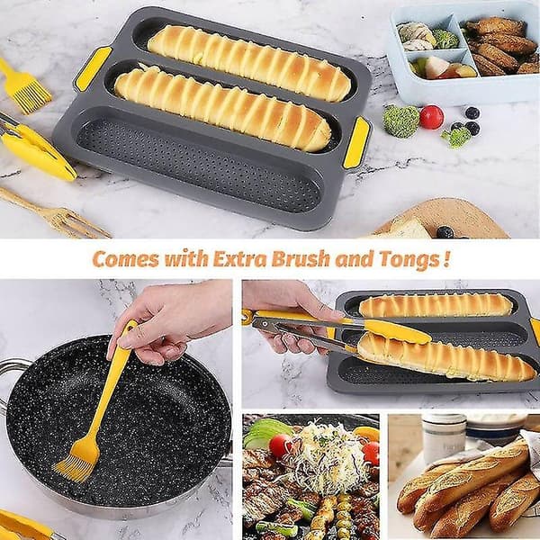 Baguetteformssæt til gryderetter, 3 riller, non-stick silikonebrødform, varmebestandig bagepladeform, grå
