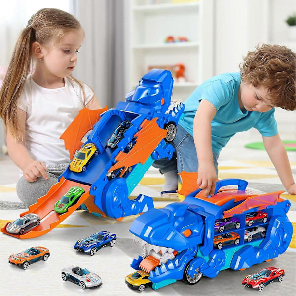 Lastbilsleksaker för småbarn för 3 4 5 6 år gamla pojkar, Leksaksbilar, bilbana, dinosaurietransportbil, Tran blue