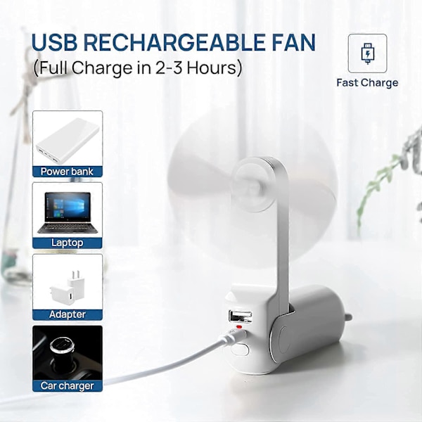 Handhållen minifläkt, 3 IN 1 handfläkt, portabel USB-uppladdningsbar liten fickfläkt för kvinnor, resor, utomhus-vit