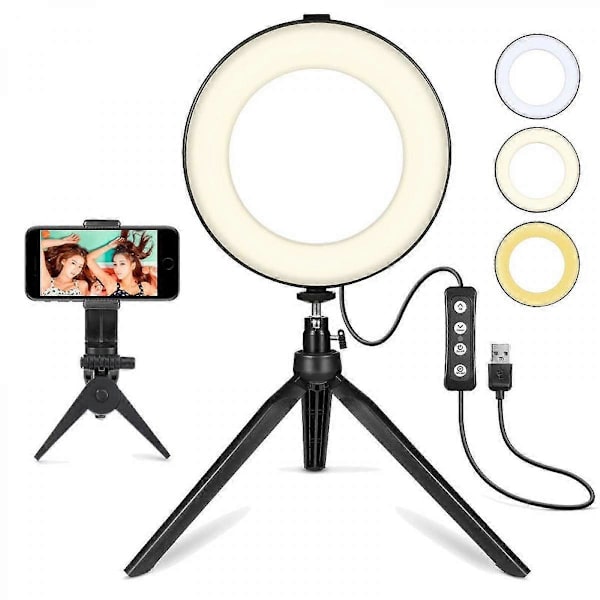 6\" Selfie Ring Light med Tripod Stand, dæmpbar Desktop Led Lampe Kamera Ringlight