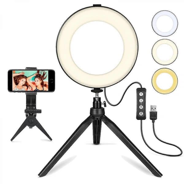6\" Selfie Ring Light med Tripod Stativ, dimbar Skrivebords Led Lampe Kamera Ringlys