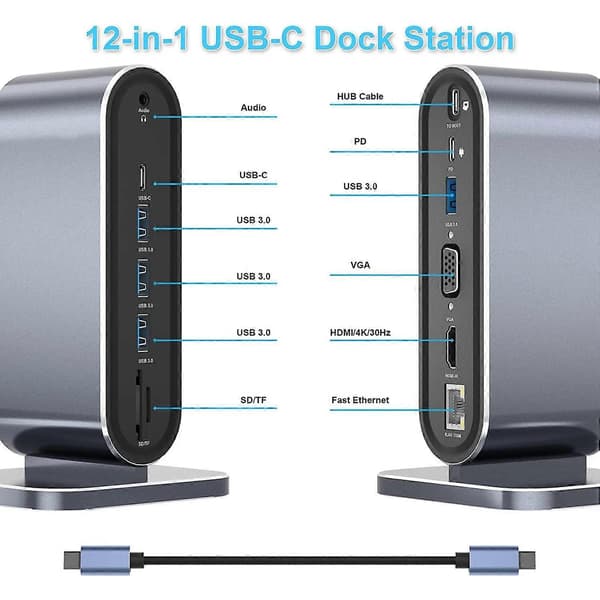 12-i-1 USB C Docking Station USB C Hub Dock Laptop Display Docking Station USB 3.0 Adapter for Windows-datamaskin