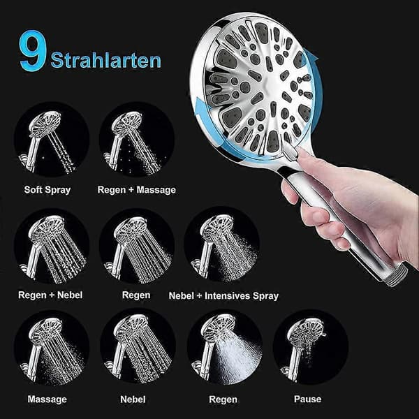Brusehoved med slange, Håndbruser til hjemmet Regnbruser med 9 stråletyper