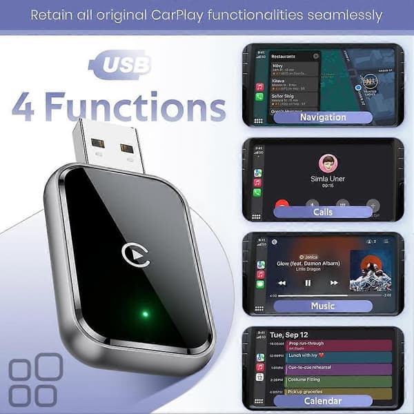 Langaton CarPlay -sovitin iPhonelle, langallisesta langattomaan, minikoko, USB ja USB-C, ei viivettä