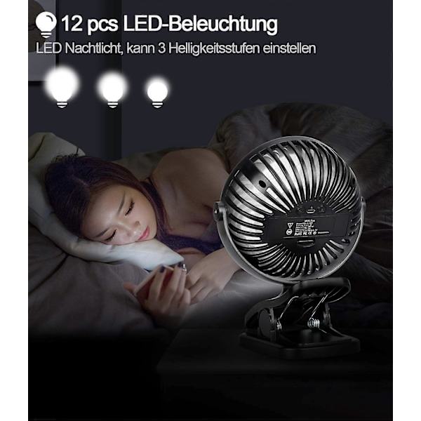 Clip Fan Mini USB Pöytätuuletin Hiljainen 720 Rotation 3 Nopeuksia & Yövalo 2000 mAh Akku 5V-2A varten