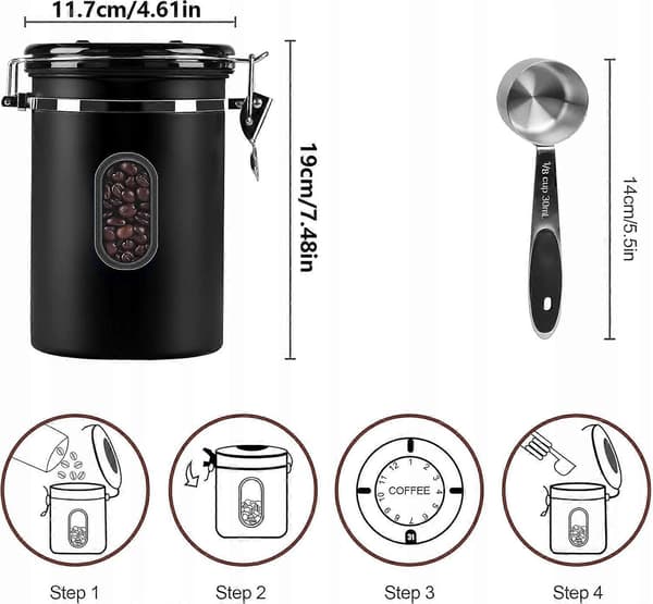 Hermatisk Kaffeburk, Kaffebehållare i Rostfritt Stål black