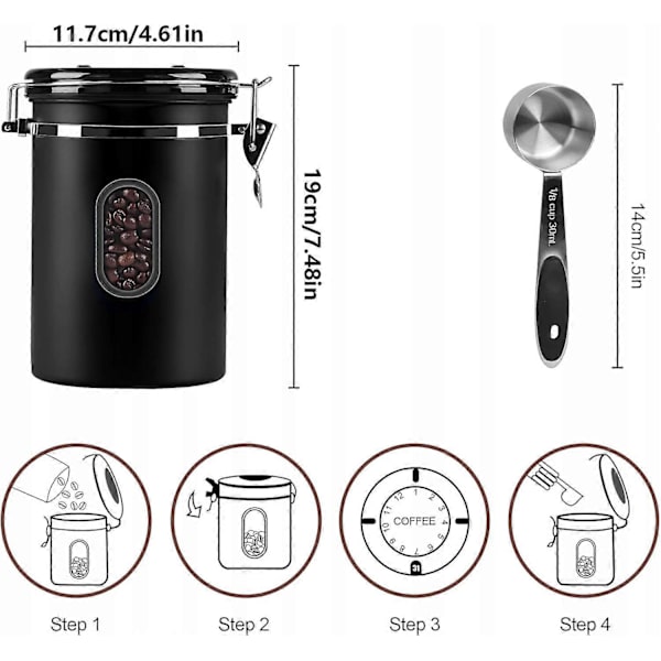 Hermetisk kaffedåse, kaffebeholder i rustfrit stål black