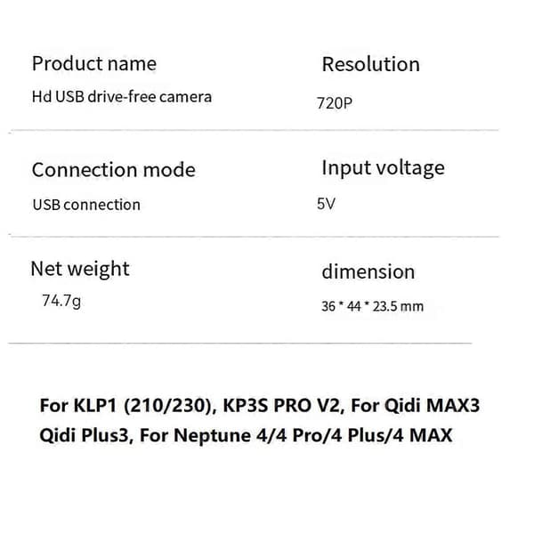 720P Kamera til KLP1/KP3S Pro V2 Driver-Free Kamera USB Interface Time-Lapse Fotografering 3D Printer Tilbehør Black