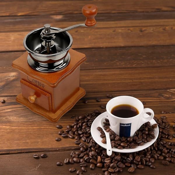 Klassisk handdriven kaffekvarn i trä, keramisk kaffekvarn, kaffebönsvals