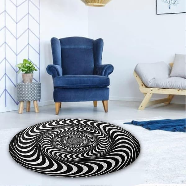 Rund 3D gulvmåtte med skridsikker 3D visuel illusion, sort hvid vortex mønster til kaffebord