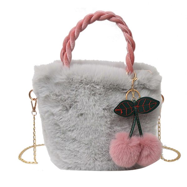 2023 NYHET Hinkväska med Körsbärshänge Plysch Modeväska Kedjeväska Crossbody Väska Mångsidig Axelväska för Kvinnor Flicka bönpasta Gray