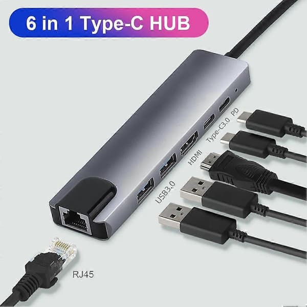 Multi USB Docking HUB-konverter 2 USB 3.0 HDMI-kompatibel Type C PD RJ45 6 i 1 PC-adapter Notebook-tilbehør USB C Hub
