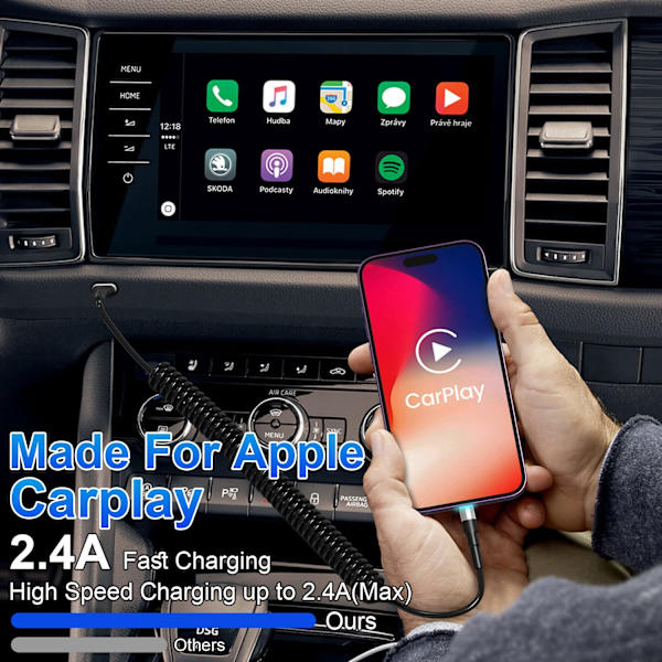 Spiralkabel til iPhone-opladning 1-pak, Apple CarPlay & MFi-certificeret