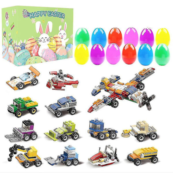 12-pack Överraskningsägg Fyllda med Minibilar Leksaksfordon Byggklossar Lärarpriser Barn Påskkorg Fyllning Present