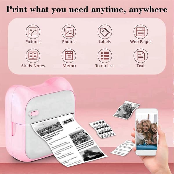 Mini Printer Sticker Maker, Bærbar Termisk Sticker Printer, Mini Blækfri Printer med 10 Rulle Papir og 5 Farve Penne Pink