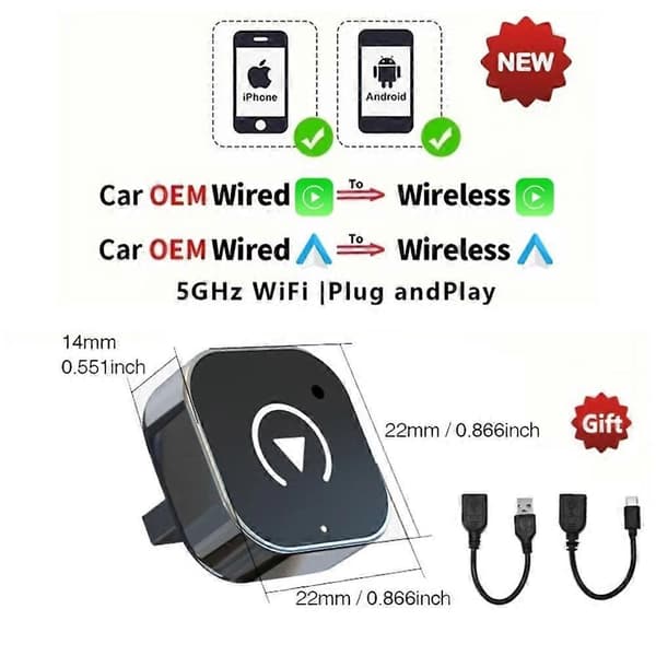 Uusi langaton CarPlay/Android Auto -sovitin Android iPhone -autoyhteysrasia Langallinen langattomaan Smart AI Box USB-dongle Plug And Play Un[YJD]