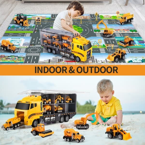 Stor Container Transporter Lekset med Play Mat Mini Engineering Fordon Bil Modell Leksaker