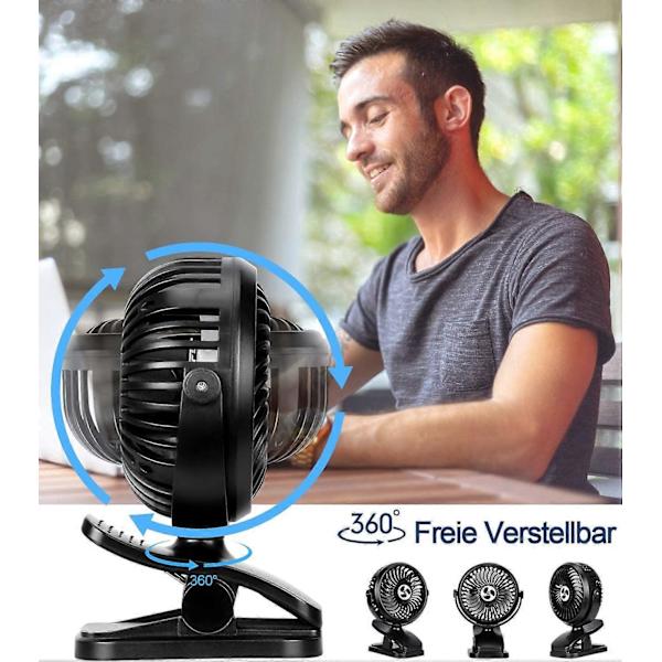 Clip Fan Mini USB Pöytätuuletin Hiljainen 720 Rotation 3 Nopeuksia & Yövalo 2000 mAh Akku 5V-2A varten
