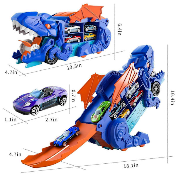 Lastbilsleksaker för småbarn för 3 4 5 6 år gamla pojkar, Leksaksbilar, bilbana, dinosaurietransportbil, Tran blue