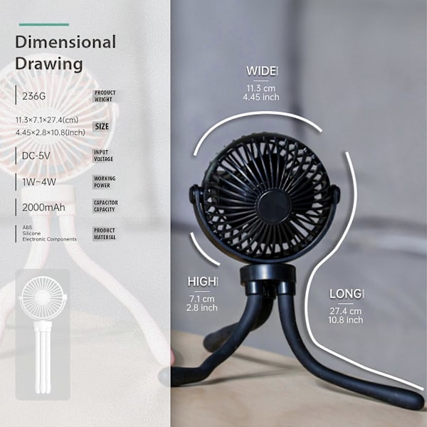 Håndholdt bærbar ventilator med fleksibelt stativ (sort)