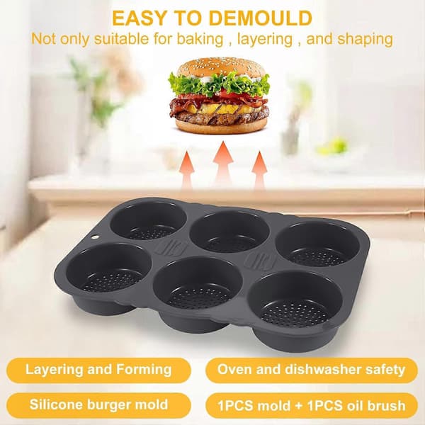Burgerboller Silikone Bageform Rund 10 cm Diameter, Silikone Bageform med 6 Hulrum, Non-Stick Silikone Brødform til Hamburgerbrød Muffins