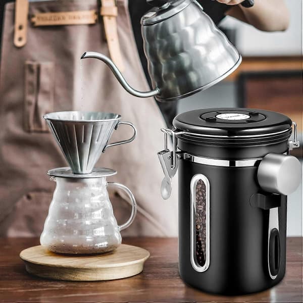 Hermetisk kaffekrukke, kaffebeholder 1,8 l rustfrit stål matsort black