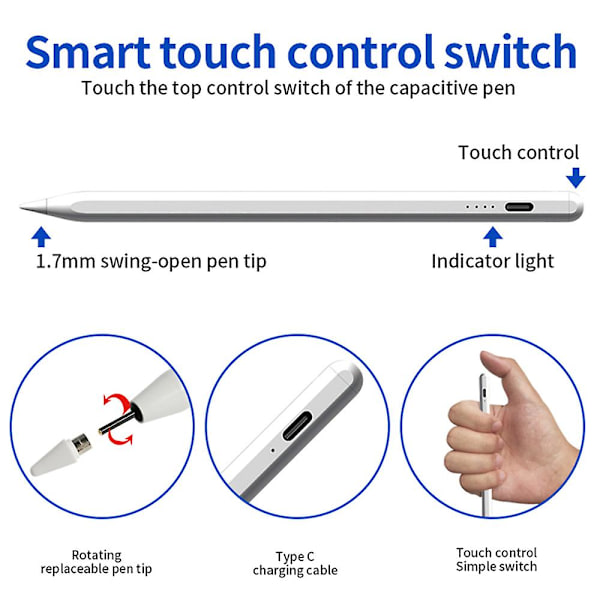 Yleiskäyttöinen kosketusnäyttökynä Älykäs kynä iOS/Androidille Apple Huawei Xiaomi Redmi Kindle Iphone Lg Tablet Ipad -kynälle White