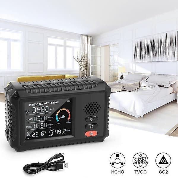 Multifunksjonell Luftkvalitetsmåler Karbondioksidsensor Tvoc Hcho Pm2.5 Pm10 Gassdetektor Gassanalyseapparat Hjemmekontor Utendørs