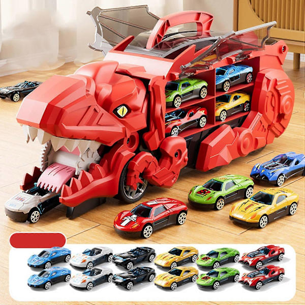Lastbilsleksaker för småbarn för 3 4 5 6 år gamla pojkar, Leksaksbilar, bilbana, dinosaurietransportbil, Tran red