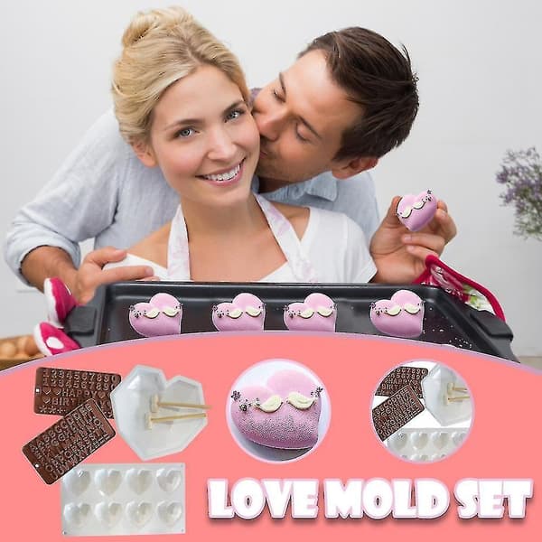 Kjøkkenutstyr Sett Valentinsdag Hjerteformet Silikonform Sett Sjokoladeform DIY Bake Sett