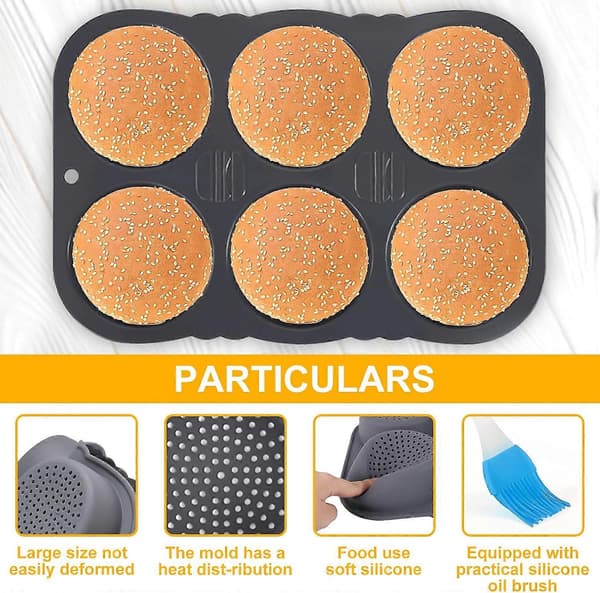 Burgerboller Silikone Bageform Rund 10 cm Diameter, Silikone Bageform med 6 Hulrum, Non-Stick Silikone Brødform til Hamburgerbrød Muffins