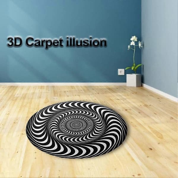 Rund 3D gulvmåtte med skridsikker 3D visuel illusion, sort hvid vortex mønster til kaffebord