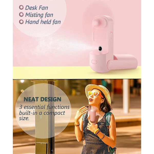 3 in 1 mist -käsituuletin, kannettava minituuletin ladattavalla akulla, 3 säädettävää nopeutta, USB-matkapuhallin naisille