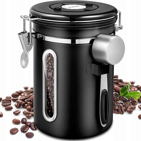 Hermetisk kaffekrukke, kaffebeholder 1,8 l rustfrit stål matsort black