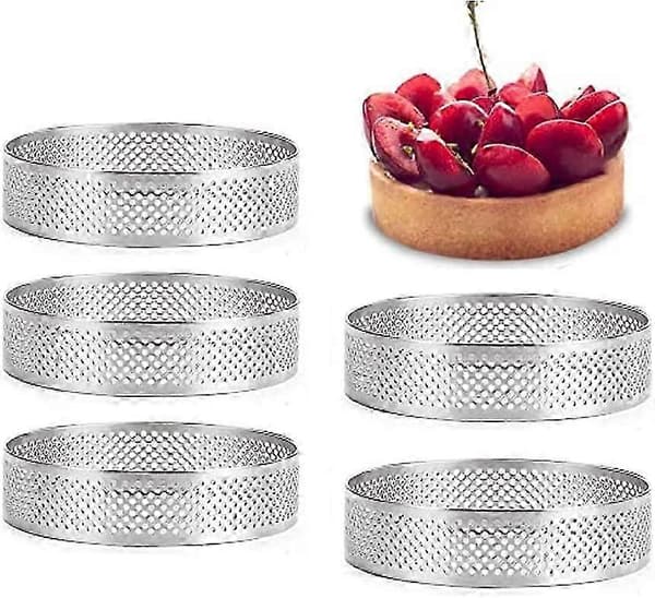 Pakke med 5 perforerte kakeringer for baking, non-stick runde metallformkake sirkel cupcake 8 cm