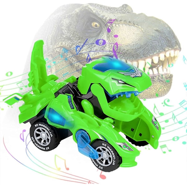 Automatiska dinosaurieleksaker med musik, 2 i 1 automatiska dino-bilar med LED-ljus, dinosaurieleksaker för barn 3-5 år, grön -