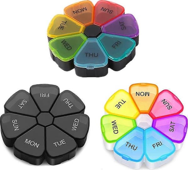 Pilleboks 7 Dager Rund Regnbue Pilleboks Tablettboks, Fargerik og Svart