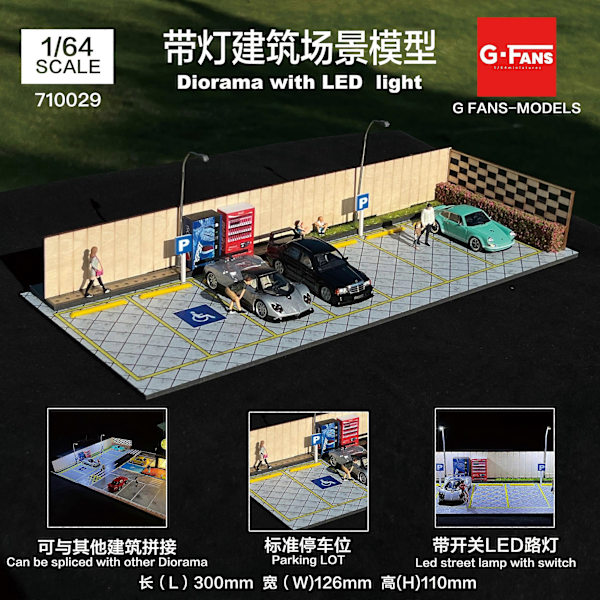 1:64 G FANS Bilgarage Diorama Modell Med LED-lampor Parkeringsplatser Stad DIY Modellset Kan Kombineras med Städer 710029