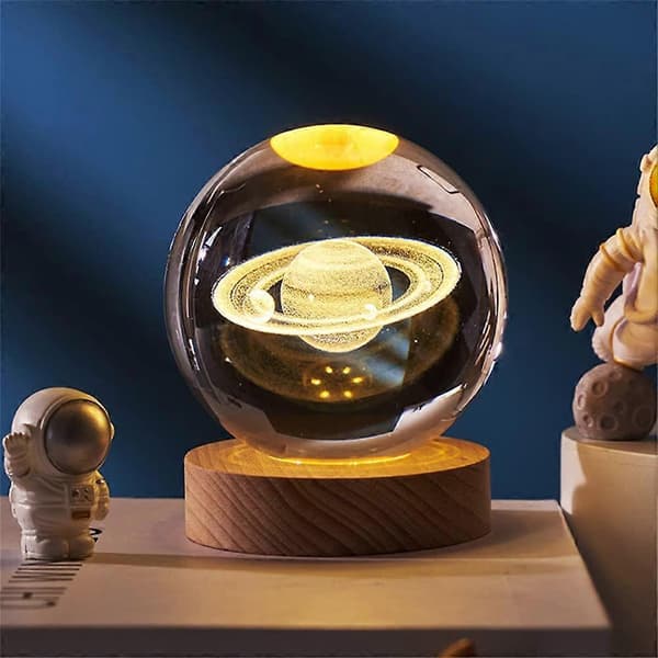 3D Utskåret Solsystem Planeter Krystallkule Borddekorasjon Håndverk med Trebase, 3D Krystall LED Nattlys B 6cm ball 6cm base