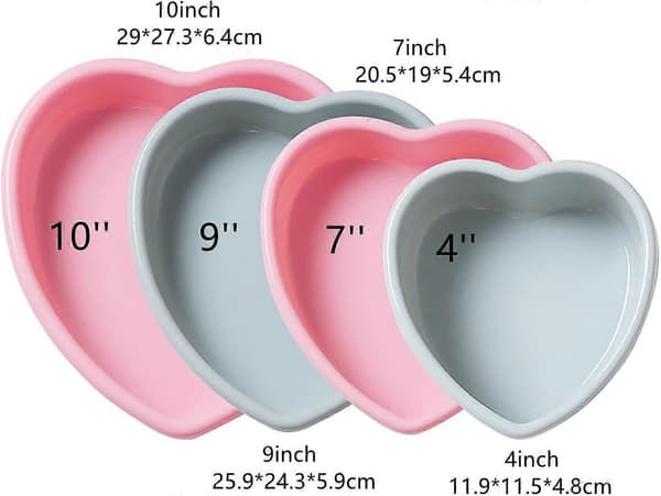 4-pak Kageforme i silikone med hjerteform, non-stick bageplader til kager, brød, regnbuekage (pink, blå)