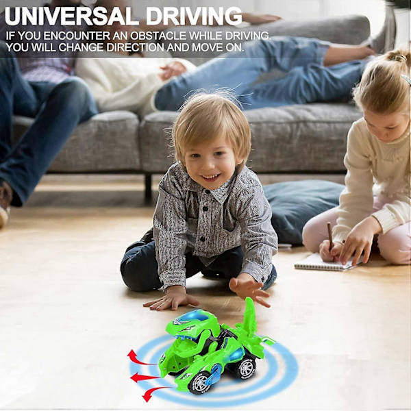 Automatiska dinosaurieleksaker med musik, 2 i 1 automatiska dino-bilar med LED-ljus, dinosaurieleksaker för barn 3-5 år, grön -