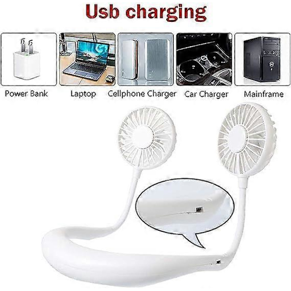 (Vit) Bärbar halsfläkt, USB-laddningsbar fläkt med 3 justerbara hastigheter, laddningsbar bärbar halsfläkt med LED-ljus