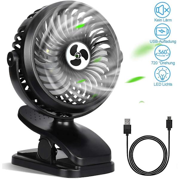 Clip Fan Mini USB Pöytätuuletin Hiljainen 720 Rotation 3 Nopeuksia & Yövalo 2000 mAh Akku 5V-2A varten