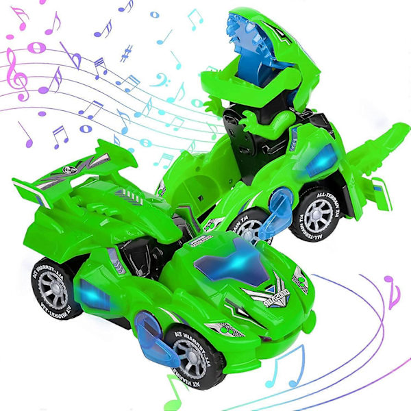 Automatiska dinosaurieleksaker med musik, 2 i 1 automatiska dino-bilar med LED-ljus, dinosaurieleksaker för barn 3-5 år, grön -